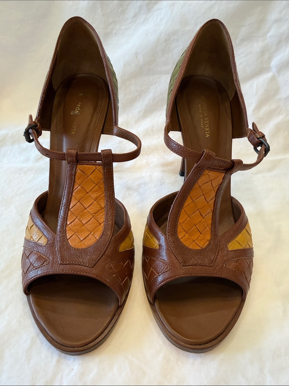 Bottega Veneta Brown and Yellow Woven Leather T-Strap Heels